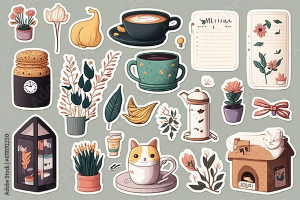 Fototapeta Ai generated illustration Set of sticker of cute daily object