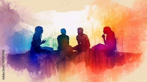 Obraz Watercolor Painting of a Group Therapy Session, Mental Health Concepts, Generative AI