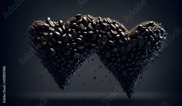 Fototapeta hearts from coffee beans on black background. generative AI