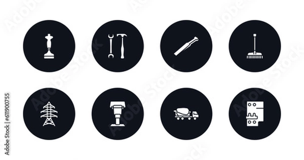Fototapeta symbol for mobile filled icons set. filled icons such as bolster, garage screwdriver, wedge tool, gardening rake, electric tower, rammer, concrete mixer, circuit breaker vector.