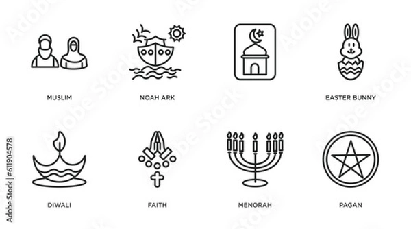 Fototapeta religion outline icons set. thin line icons such as muslim, noah ark, , easter bunny, diwali, faith, menorah, pagan vector.
