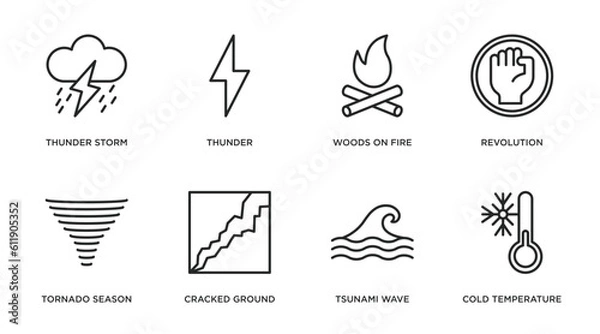 Fototapeta meteorology outline icons set. thin line icons such as thunder storm, thunder, woods on fire, revolution, tornado season, cracked ground, tsunami wave, cold temperature vector.