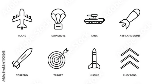 Fototapeta army and war outline icons set. thin line icons such as plane, parachute, tank, airplane bomb, torpedo, target, missile, chevrons vector.