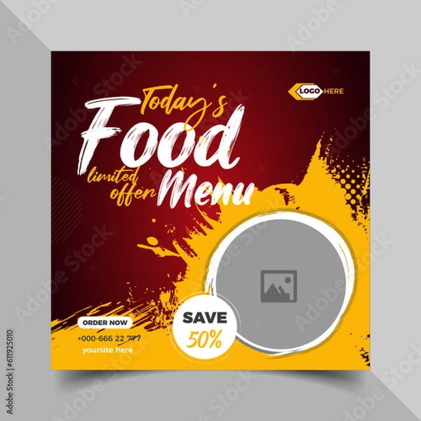 Obraz Super delicious fast food social media or Instagram post template. Food banner or poster design for online business marketing. Business branding, web ads, social media ads, social media posts.