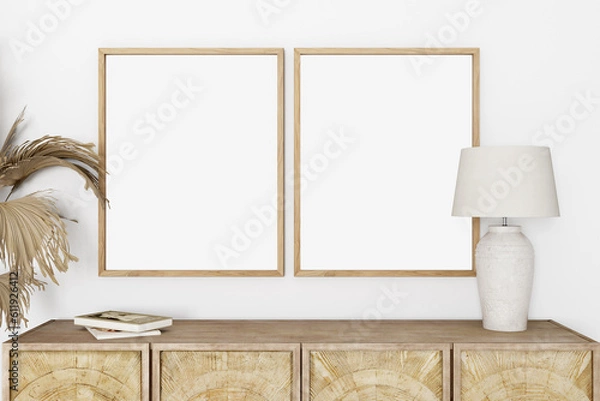 Fototapeta Boho frame mockup in living room, 3d render
