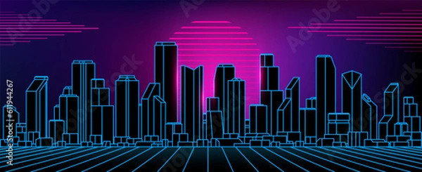 Fototapeta Night city outline landscape on sunset background. Illustration in retro wave, arcade game 80s style.