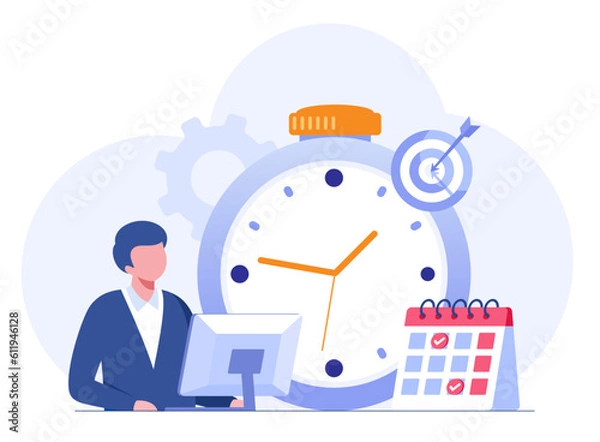 Fototapeta Business time management, deadline concept, planner, calender, clock, business target, flat vector illustration banner