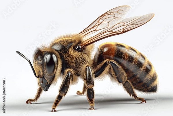 Fototapeta Portrait of a Honey Bee shot, close-up, isolated on black background. generative AI