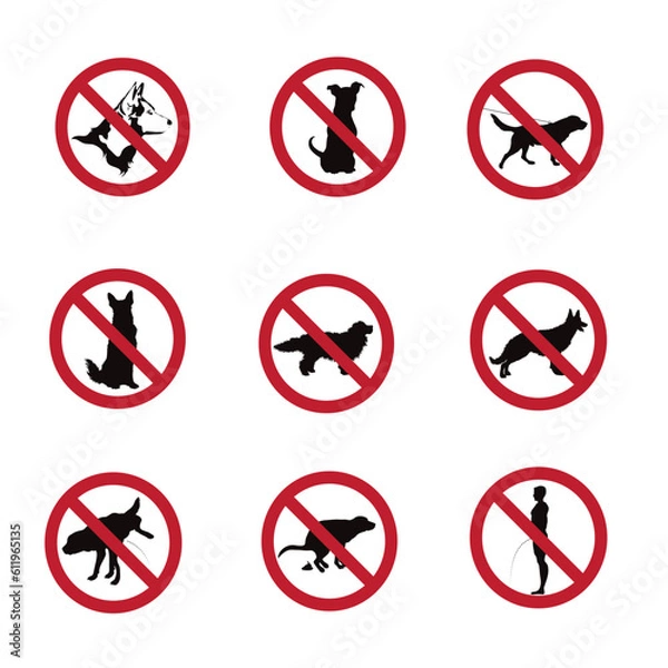 Fototapeta Set of vector silhouettes of no dog sign on white background. Prohibition symbol.