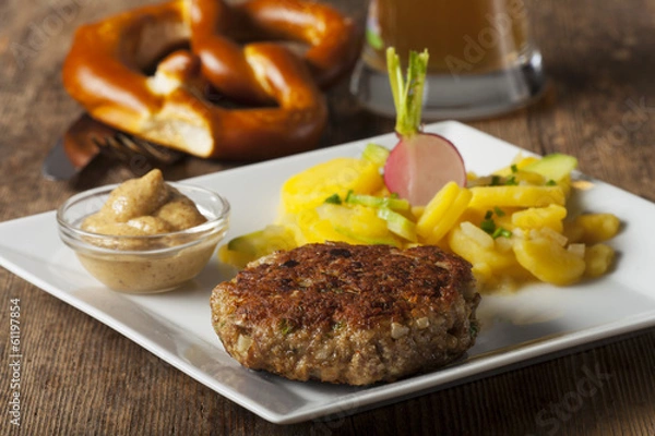 Obraz Bayerische Fleischpflanzerl mit Kartoffelsalat