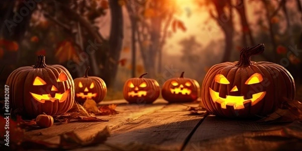 Fototapeta Scary pumpkin faces in the night. Spooky Halloween smiling Jack-o-Lanterns on a dark background