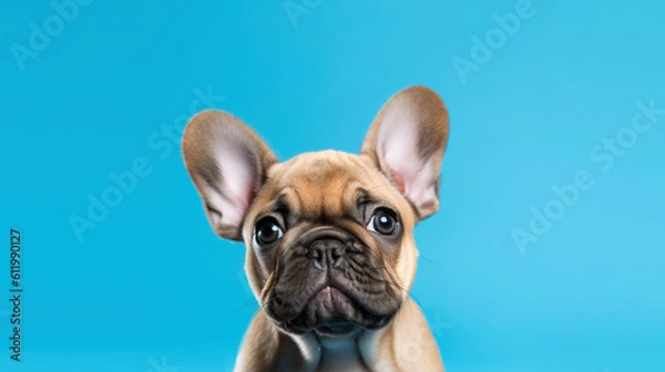 Fototapeta Cute puppy French Bulldog portrait. A little happy puppy on a blue background with copy space. Generative Ai.