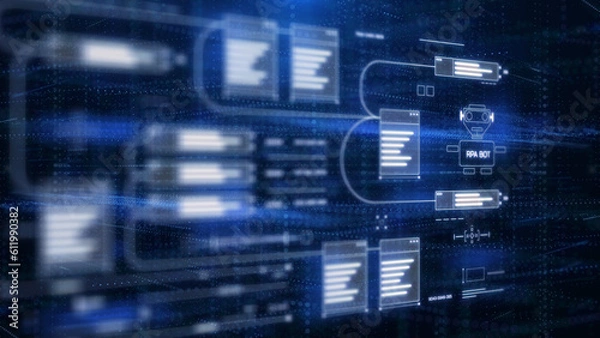 Fototapeta Digital technology flowchart of RPA platform concept. Robotic process automation, artificial intelligence illustration background.