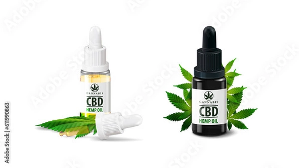 Fototapeta Glass transparent bottles of Medical cbd oil with hemp leaf and pipette