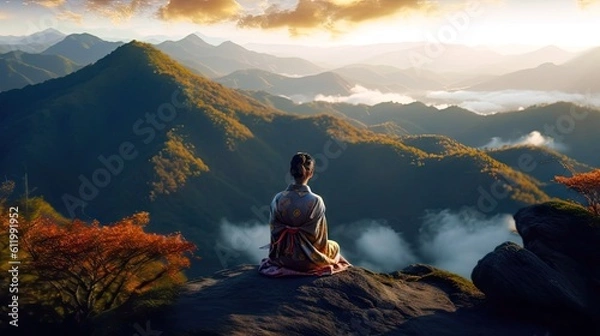 Fototapeta A person wearing a traditional Japanese kimono meditating on a serene mountaintop. Generative ai.