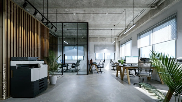 Obraz Modern office interior with exposed concrete ceiling and floor. 3d rendering
