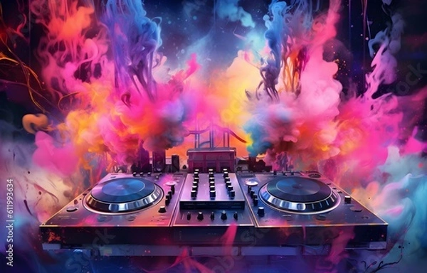 Obraz colorful dj deck with smoke. generative AI illustration.