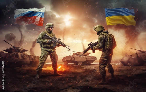 Fototapeta Conflict between Russia and Ukraine. Solders with weapons standing one against another with flags of Russian Federation and Ukraine and tanks and war atmosphere in the background.
