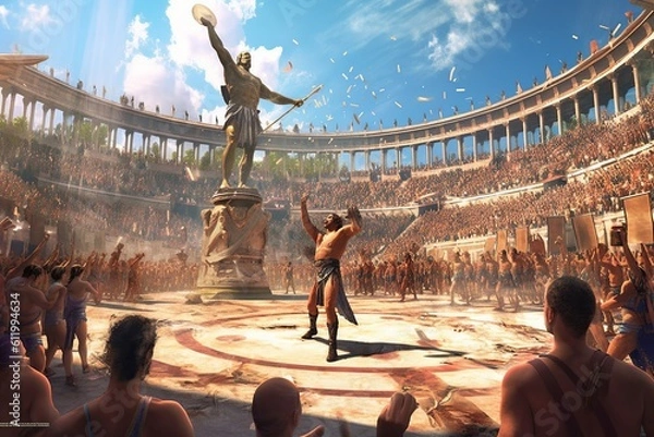Fototapeta Digital art of a tense moment in the ancient Olympic Games during a javelin throw.
