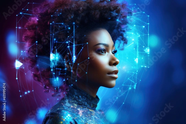 Fototapeta Portrait of beautiful black woman with curly hair with neural network thinks around her head on pink and blue background. Artificial intelligence and technology concept.