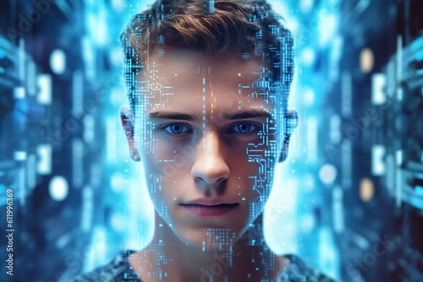 Fototapeta Close up head shot of handsome young guy with futuristic overlay and cyber hologram over his face on modernistic Sci-fi background. Ai (artificial intelligence) concept