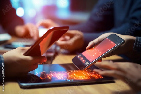 Obraz programmer test coding technologies with mobile phone for comparing mobile and desktop website. User experience concept.