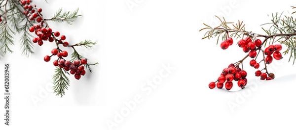 Fototapeta Creative Floral composition. Spruce branches red berries leaf flower on white background. Template for product presentation display. flat lay top view. copy text space. banner, wallpaper, advert