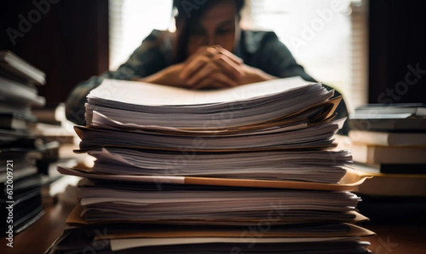 Fototapeta Financial big paper working. Business office stack of documents. Generative AI.