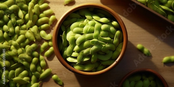 Fototapeta Edamame organic vegetable for cooking copy space blurred background, generative AI