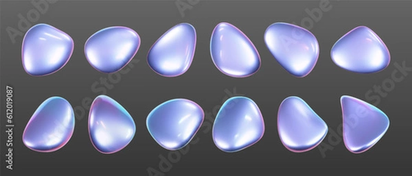 Fototapeta 3d holographic liquid shape, iridescent chrome fluid bubble set isolated on dark background. Render of abstract holographic metal blob with rainbow gradient effect. 3d vector geometric illustration.