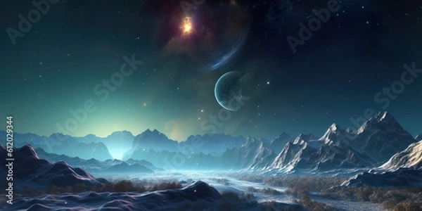 Fototapeta Stunning Night extraterrestrial scene. Huge mountains against Starry sky. Fantasy landscape. Alien planet. Photorealistic Generative AI illustration.	
