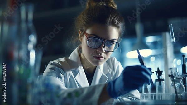 Fototapeta Young caucasian woman working at scientist laboratory.Created with Generative AI technology.