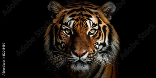 Obraz Wilder Löwe im Fotostudio Nahaufnahme Gesicht im Porträt, schwarzer Hintergrund mit Freiraum für Text, ai generativ