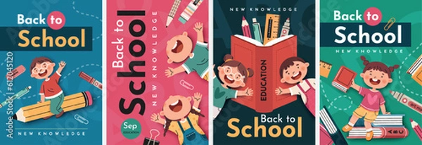 Fototapeta Back to School. School posters with happy children. Elements and objects on school themes, vertical flat background.