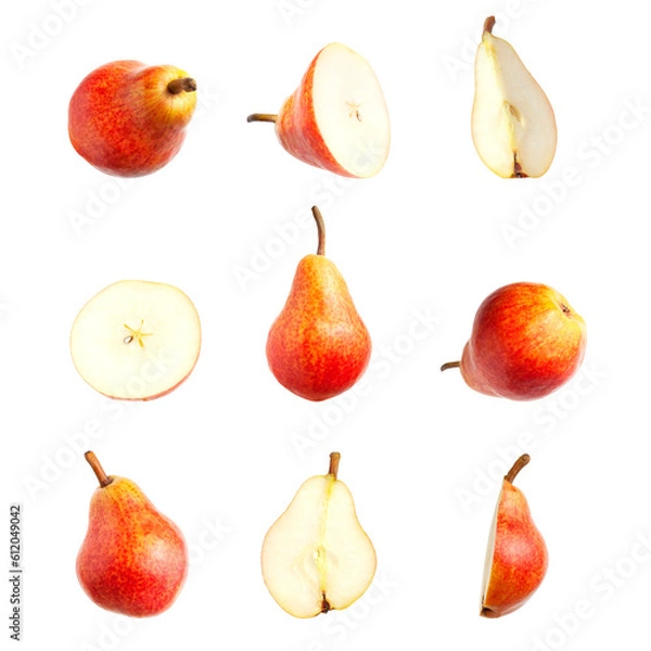 Fototapeta Red ripe juicy pear isolated on white background. With clipping path. Mockup. Cut out Sweet whole pears and sliced. Summer organic fruits, food. Pear collection. Fruit set for your design