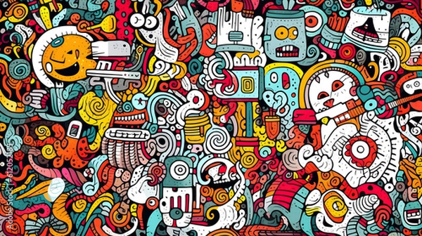 Obraz Playful doodle background, featuring intricate patterns, swirls, and doodles inspired by nature, animals, abstract shapes, flowers, suns, clouds, and smiling faces, created with Generative AI