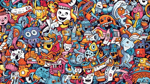 Fototapeta Playful doodle background, featuring intricate patterns, swirls, and doodles inspired by nature, animals, abstract shapes, flowers, suns, clouds, and smiling faces, created with Generative AI