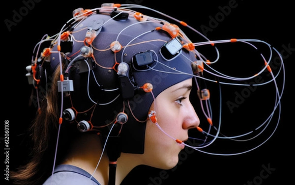 Fototapeta Girl wearing a Brain-Computer Interface (BCI) for neurotechnology and medical applications. 