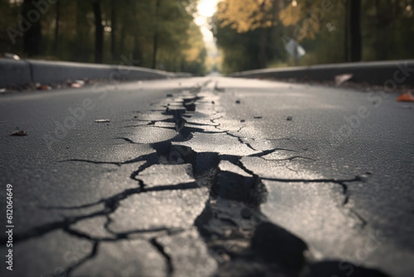 Obraz Asphalt road with long crack, earthquake effect causes ground to damaged, Broken road by nature, Asphalt road collapsed and fallen, created with Generative AI