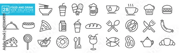Fototapeta Food and drink icon collection, breakfast, delicious, nutritious, editable and resizable vector icons EPS 10.