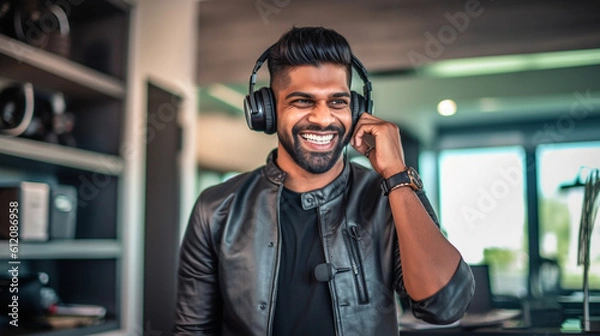Fototapeta indian young adult man, home office or office, working, job and occupation, online or remote, headset, talking on the phone, call center or customer meeting