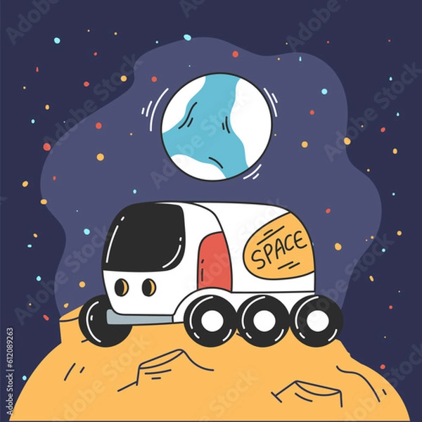 Obraz Space ship rocket launch spaceship on moon line art style concept. Vector graphic design illustration