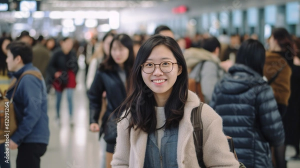 Fototapeta young adult woman, at the airport or train station, fictitious