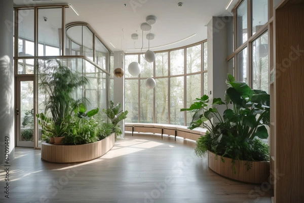 Fototapeta Empty hall in modern building with tall windows and indoor plants. Generative AI illustration