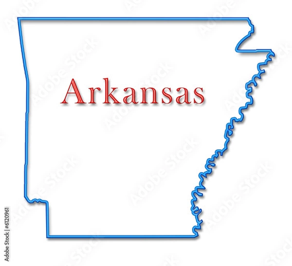Obraz Arkansas Map Outlined in Neon Blue with Red Lettering