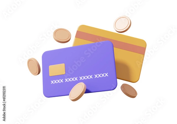 Obraz 3D online payments credit or debit card concept. coins floating on isolated background. money transfer. financial transactions. cartoon minimal style. 3d rendering illustration