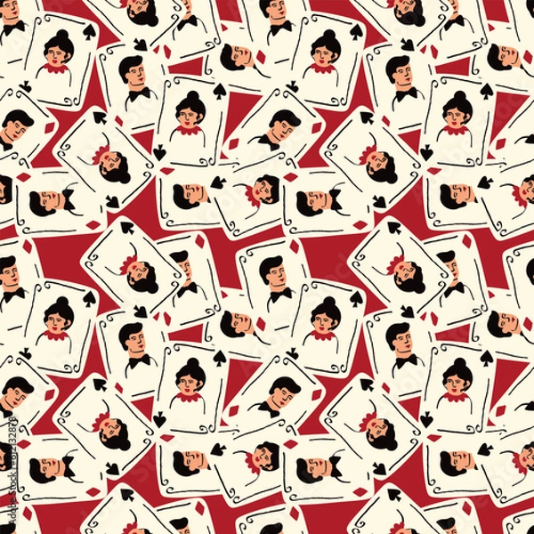 Fototapeta Bright vibrant pattern with Playing cards with Jack and Queen of Spades.