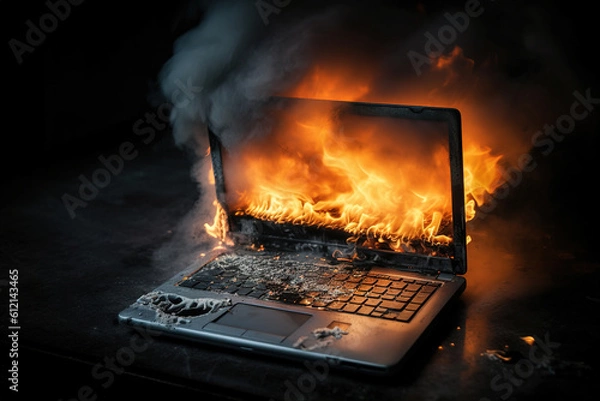 Obraz A burning laptop in a dark environment. Generative AI