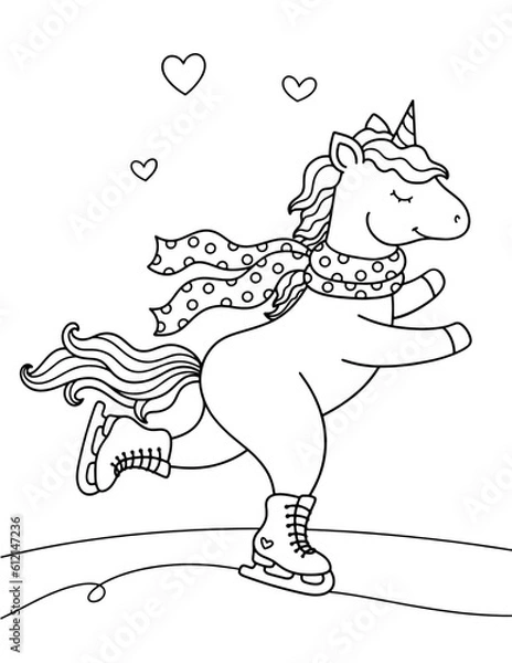 Obraz Winter card with cute unicorn on ice skates. Hello winter time. Vector illustration. Design for greeting cards, t-shirts and others. 
coloring book