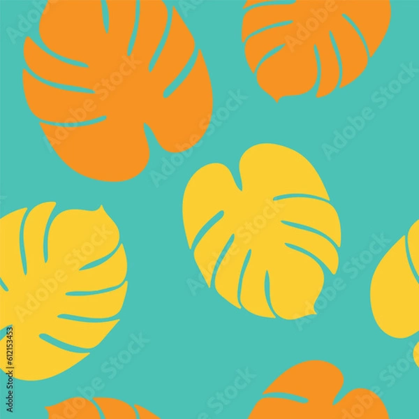 Fototapeta Tropical Summertime Orange and Yellow Palm Leaves on Blue Background Surface Design Textiles Seamless Repeat Pattern Design Eps 10 Vector